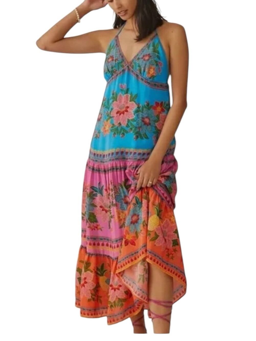 Farm Rio size small new Vibrant Floral Halter Midi Dress Anthropologie slip